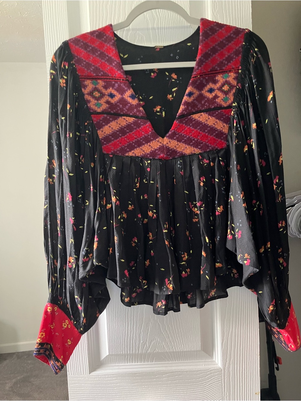 Free People Black Floral Peasant Top with Red Embroidered Yoke